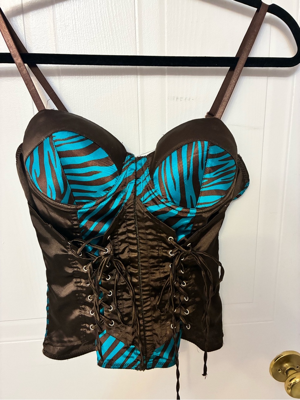 Y2k vintage Brown Satin Bustier corset Top with Teal Zebra Print